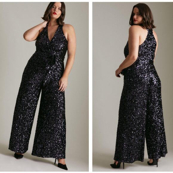 KAREN MILLEN Curve Sequined Wide Leg Jumpsuit Navy Blue Sz 18 NWT {172} - Picture 1 of 8